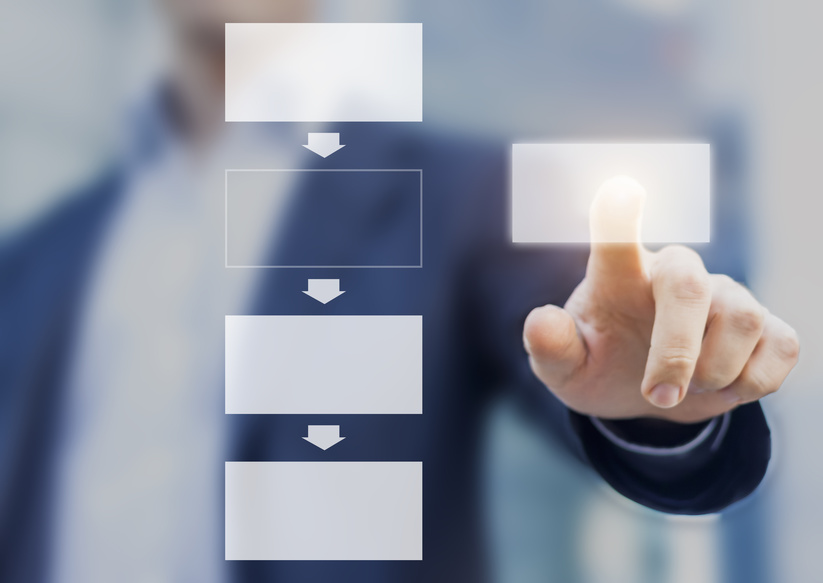 Business process management concept with a manager creating a flowchart diagram, technology